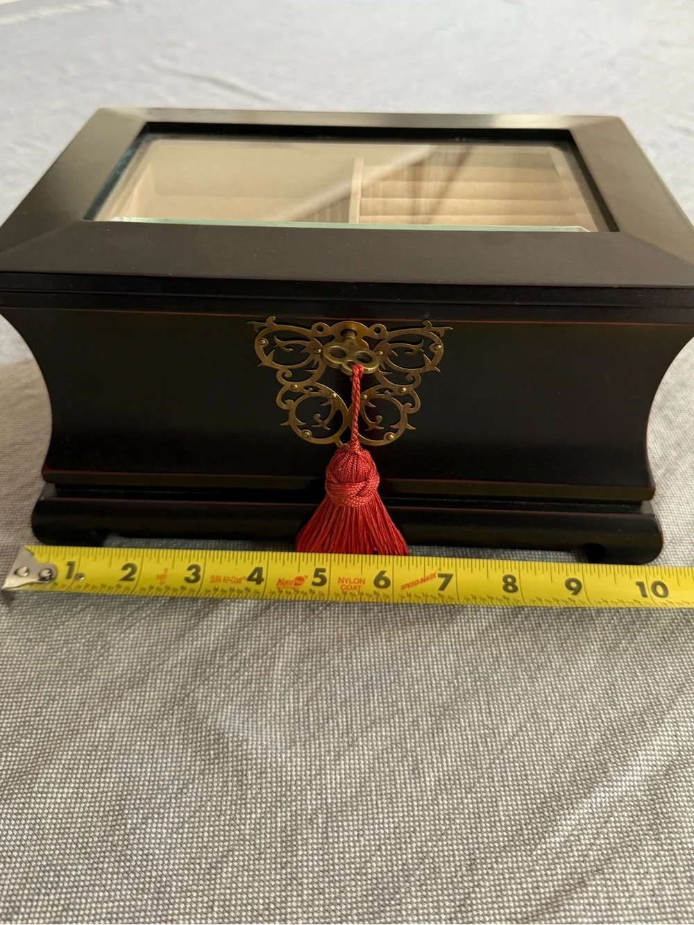Vintage Asian Black Lacquer Wooden Jewelry Box Glass Top Key Tassel Brass